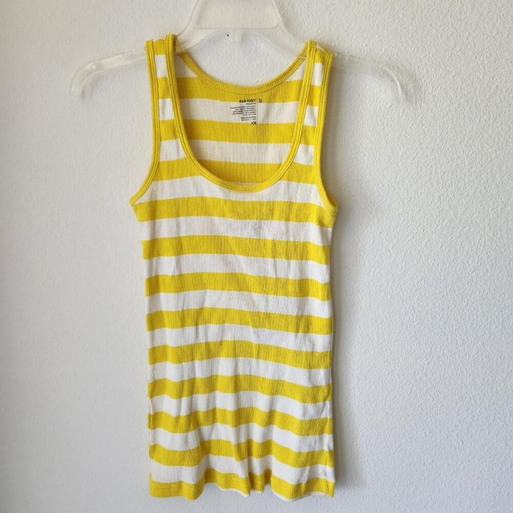 Old Navy Vintage Butter Yellow White striped tank top Sz M 100% cotton Nautical